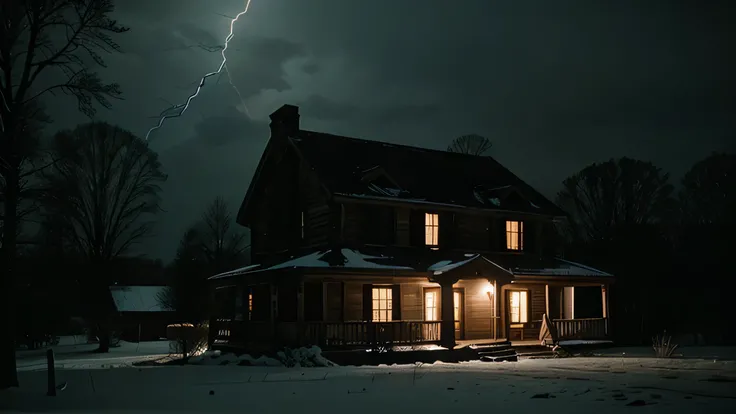 Old country house in the seventies, dark, night, thunder, winter