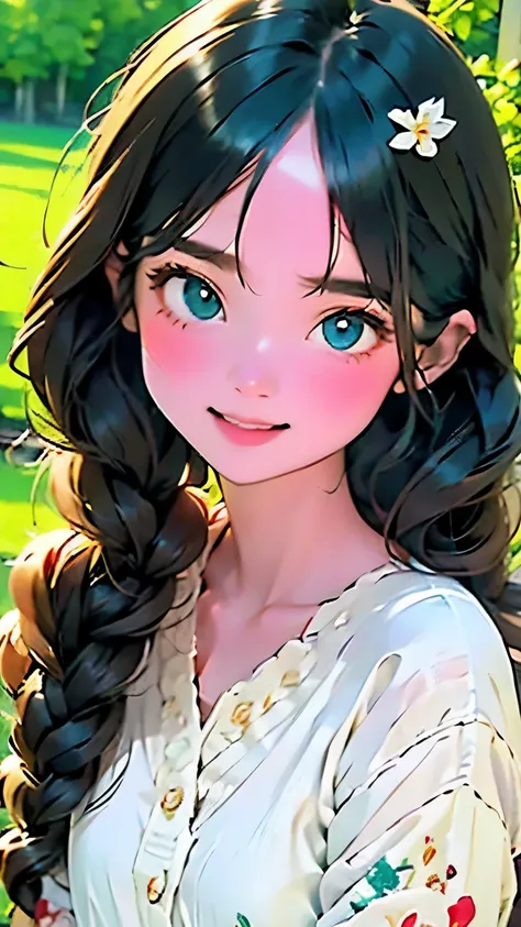 Watercolor，Little ピンクのVネックのシャツと白いショートパンツを着た漫画の若い女の子, Show your teeth and smile big, Big and pretty eyes, Cute Digital Painting, Cute digital art, Beautiful and detailed digital art, cute portrait, Cartoon Art Style, Very cute and stylish black haired girl,...