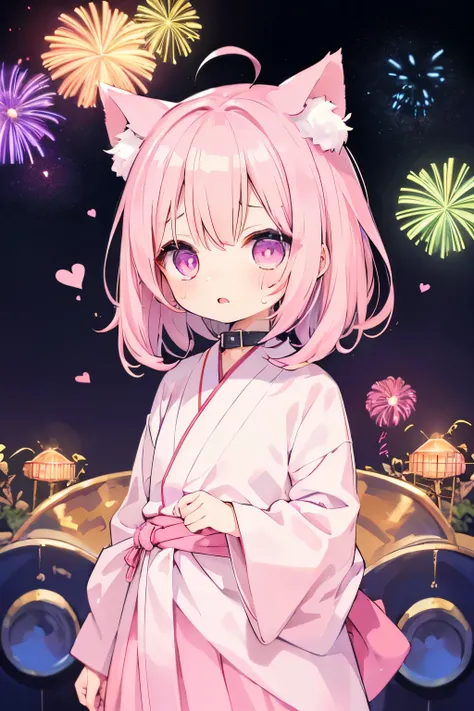 Light pink inner color hair、yukata、festival、night、Pink Skirt、線香firework、firework、((squat))、Putting on a collar、Elementary school girl、Very beautiful and Shining Eyes、Shining Eyes、1 person、Cat ear、(((((Small body)))))、heart❤、((Sweat、vapor)）、Big Mouth