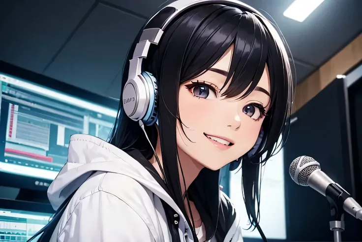 Women aspiring to be voice actors、Wearing headphones、Recording into a microphone、Recording Studio、Motivated look、diagonal、Bright image、Work hard towards your dreams、fun、smile、Black Hair