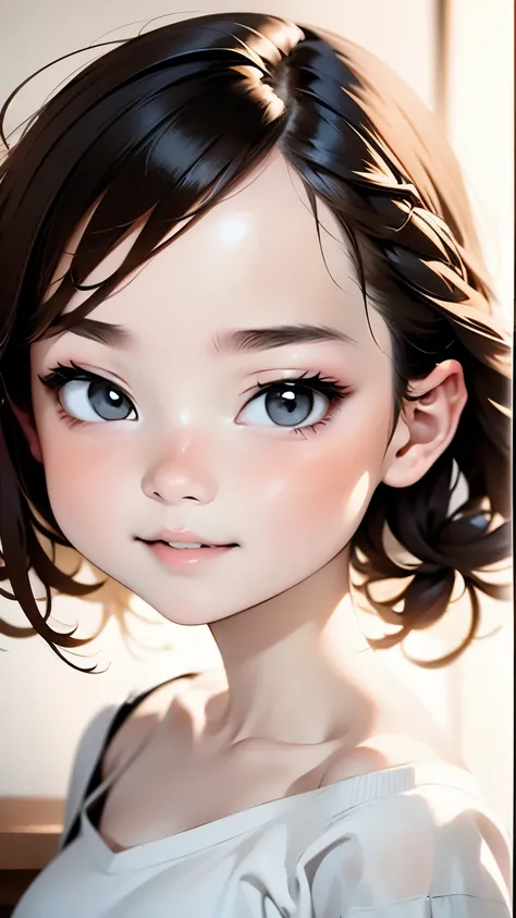 Watercolor，Little ピンクのVネックのシャツと白いショートパンツを着た漫画の若い女の子, Show your teeth and smile big, Big and pretty eyes, Cute Digital Painting, Cute digital art, Beautiful and detailed digital art, cute portrait, Cartoon Art Style, Very cute and stylish black haired girl,...