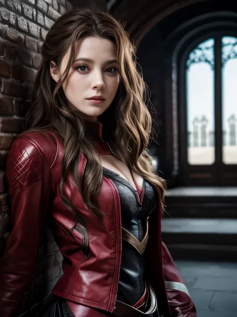 [Highly detailed photograph of a woman], [Lola Elizabeth, Scarlet Witch, the avengers, Wearing a black lace dress, Open red leather jacket, 8K Ultra HD, RAW Photography, Model shoot