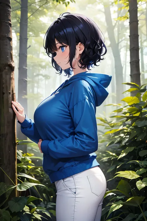 1 girl,teen, Standing in the forest, at night, facing right,Camera angle from the side, photo from the side, looking away, hands up,,big breast,Blue hoodie, white pants,,,black hair,blue eyes,short hair, curly hair, messy hair