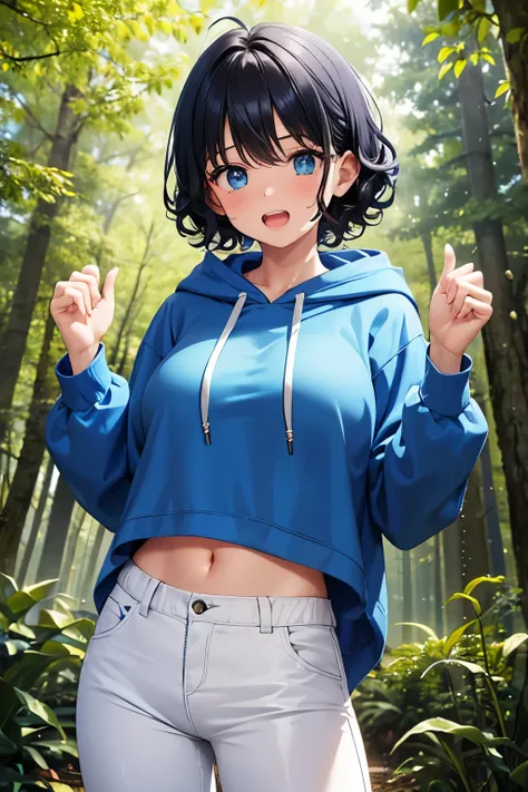 1 girl,teen, Standing in the forest, Surprised expression, teeth showing,, hands up,,big breast,Blue hoodie, white pants,,,black hair,blue eyes,short hair, curly hair, messy hair