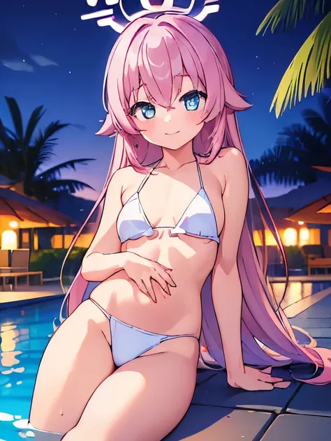 ((masterpiece)), ((best quality)), (ultra-detailed), pool, night, a cute girl, 1girl, solo, bikini, ((beautiful eyes)), smile, small breast, beautiful pink hair