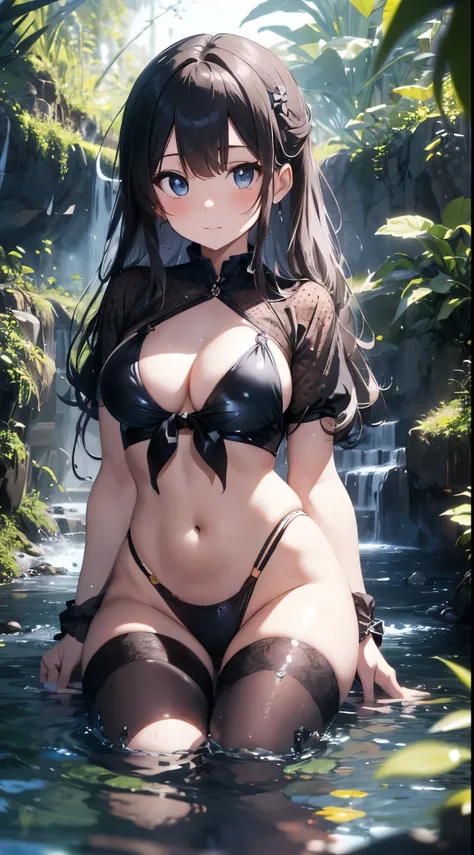 4K,8k,Beautiful anime style girl、Waist-deep clear water, Silent stream。Surrounded by lush greenery、The girl is wearing a white polka dot bikini、Her slender, curvaceous body stands out。She catches the sunlight with her big one, Expressive blue eyes.、Her lon...