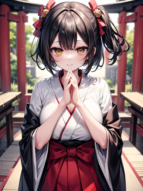 Highest quality,Ultra-high resolution,Super detailed,Detailed beautiful eyes,Short Hair,(Black Hair,Two Side Up:1.3),(Yellow big eyes),jitome,A very happy smile,Open your mouth wide,View Viewer,BREAK,(Female priests,White kimono,Red Hakama,Simple kimono:1....