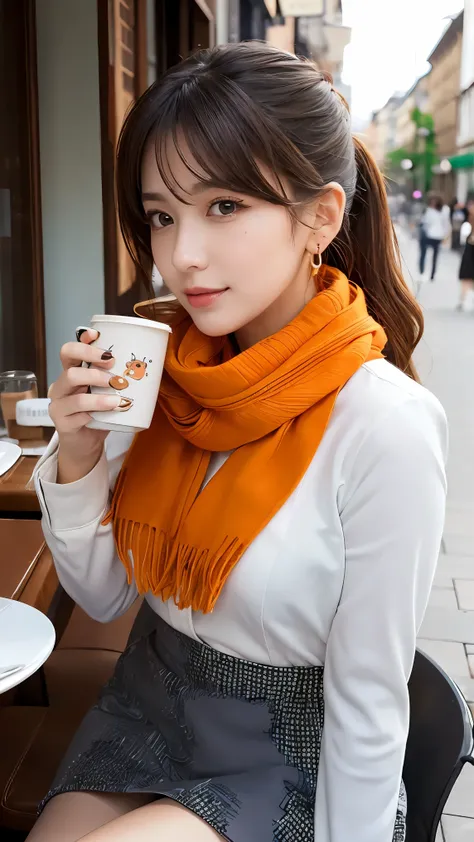 ((best quality)), ((masterpiece)), (detailed), perfect detailed eyes, perfect detailed face, ultra-detailed nose, White jacket, orange blouse, orange skirt, Put a scarf around her neck, scarf, hair behind ear, hair over shoulder, mole under eye, tsurime, l...