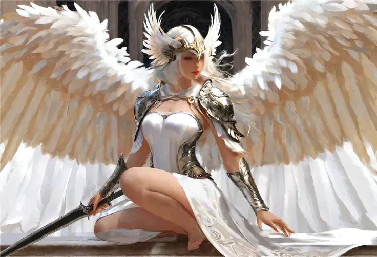 1girl angel mask angel_wings armor feathers_long wing feathers_hair shoulder armor shoulder_armor single piece_wing separate upp...