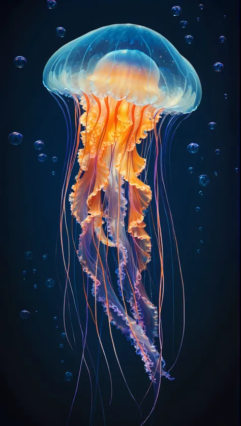 a "realistic" digital artwork depicting an ethereal jellyfish set against a deep navy blue underwater background, creating a mys...