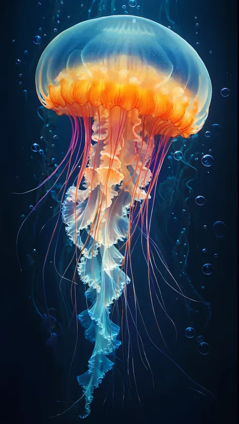 a "realistic" digital artwork depicting an ethereal jellyfish set against a deep navy blue underwater background, creating a mys...