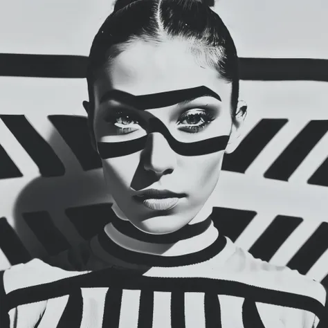 op art fashion, black and white, optical illusion, contoured curves、model with stripes painted all over her face