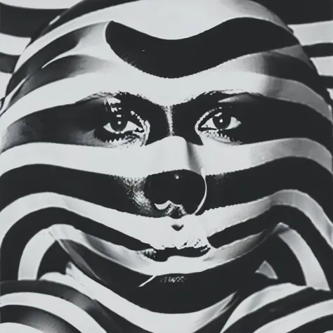 op art fashion, black and white, optical illusion, contoured curves、model with stripes painted all over her face