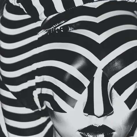 op art fashion, black and white, optical illusion, contoured curves、model with stripes painted all over her face