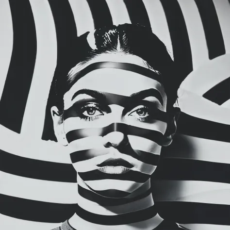 op art fashion, black and white, optical illusion, contoured curves、model with stripes painted all over her face