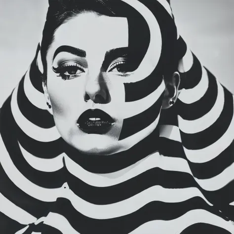 op art fashion, black and white, optical illusion, contoured curves、model with stripes painted all over her face