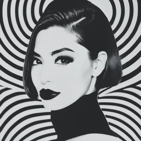 op art fashion, black and white, optical illusion, contoured curves、ファッションモデルの顔はblack and whiteの太い縞模様で塗ってある