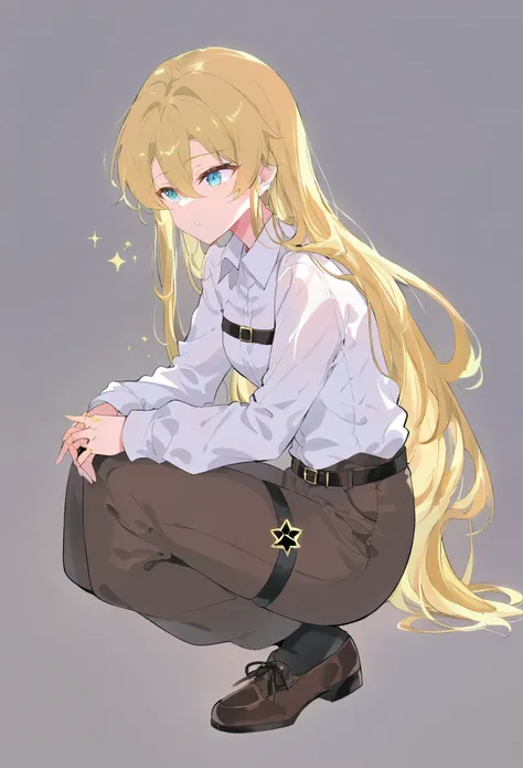aot style, shingeki no kyojin,, , christa renz,, 1girl, belt, belt buckle, blonde hair, blue eyes, brown footwear, brown pants, buckle, chest belt, collared shirt, diamond (shape), floating hair, from side, full body, grey background, hair between eyes, ha...