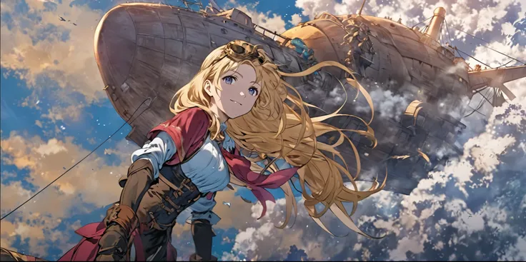 Anime girl flying in the sky、Big ship in the background, Granblue Fantasy, Casciato krenz key art feminine, Official Art, Violet Evergarden, Official Artwork, A young woman depicted in anime visuals, Casciato, By Yoshihiko Wada, high detailed Official Artw...