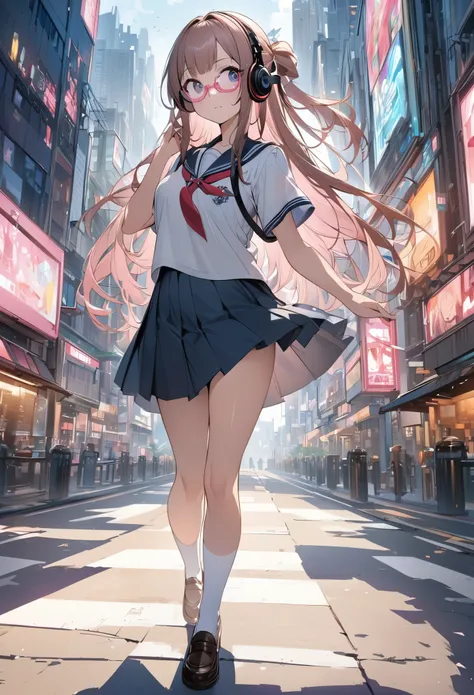 (Top quality illustrations:1.2)、(cute:1.0)、(1 girl:1.0)、(half updo)、(School uniforms:1.0)、pink frame glasses,(white thigh-high socks),(Full body Ezbian:1.0)、(Ultra-detailed) 、、(The background is the cityscape:1.1)、If you have headphones、full body