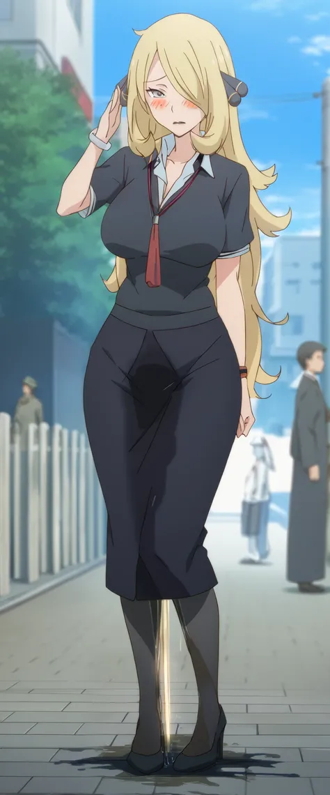 (high quality,Very detailed:1.37, High resolution), 2d, anime, anime style, anime source, Woman, Cynthia (Pokemon), business suit, necktie, (long skirt:1.25), (pencil skirt:1.5), pantyhose, huge breasts, cleavage, looking at viewer, masterpiece, best quali...