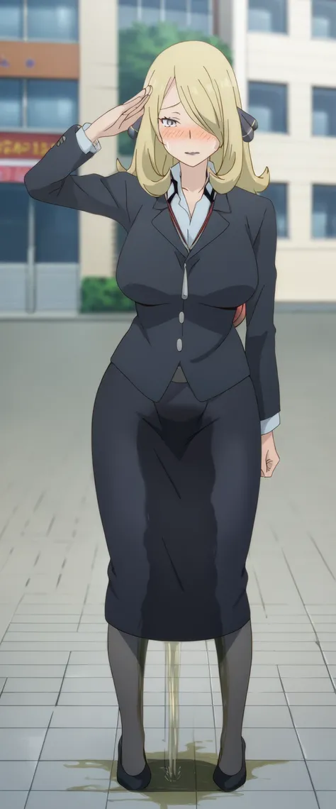 (high quality,Very detailed:1.37, High resolution), 2d, anime, anime style, anime source, Woman, Cynthia (Pokemon), business suit, necktie, (long skirt:1.25), (pencil skirt:1.5), pantyhose, huge breasts, cleavage, looking at viewer, masterpiece, best quali...