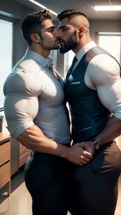 Handsome Indian latino gay couple doing  Kissing forcibly while standing against the wall and holding hands up  mouth to mouth tounge to tounge kissing in office, muscular men, muscular attractive men, male art, gigachad muscular, muscular! fantasy, gay, b...