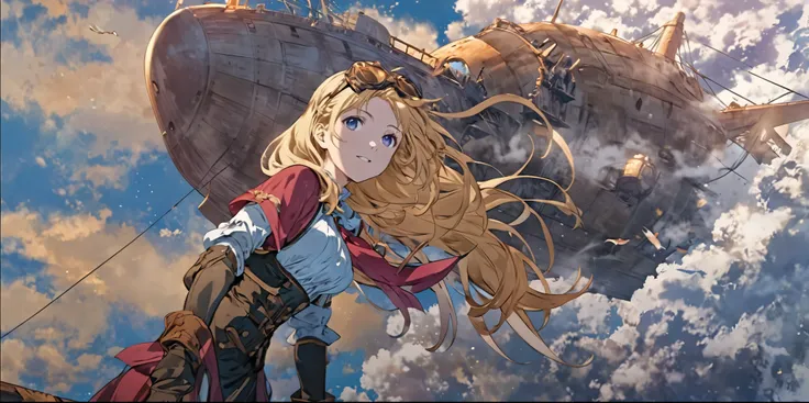 Anime girl flying in the sky、Big ship in the background, Granblue Fantasy, Casciato krenz key art feminine, Official Art, Violet Evergarden, Official Artwork, A young woman depicted in anime visuals, Casciato, By Yoshihiko Wada, high detailed Official Artw...
