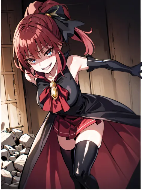 Highest quality, masterpiece, One Girl,Not beautiful, Red Ponytail, Long dress, brooch, Hair Ribbon,shwy latex Black knee socks, Standwg on the rubble, , ,,Dark shadow face,Sadistic laugh,,Malice,Contempt,smile,latex,Bad face,,Red Skirt,both hands,Two leg...
