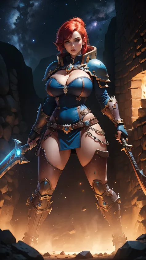 Curvy woman, natural saggy breasts, red bob hair, (Warhammer style), ((in catacombs blue dark light)), ((Warhammer steampunk armor dress)), (((space marines))), strong stance, puffy nipple, ((ultra quality)), face quality 