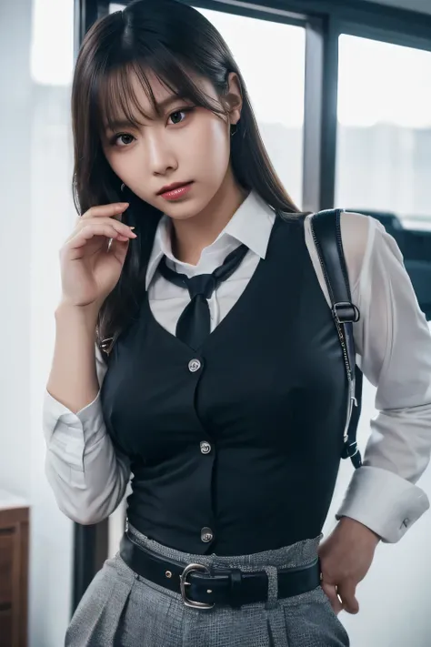 a woman in a suit, belt, hands behind back, sweating, suspenders, black pants, large breasts, see-through clothing, rain, detective, office worker, white button-up shirt, (best quality,4K,8k,highres,masterpiece:1.2),ultra-detailed,(realistic,photorealistic...