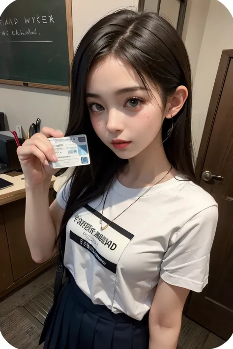 ((masterpiece)), ((best quality)), ((ultra-detailed)),((hyperrealistic)),(japanese cute girl),(shiny skin),1girl,(forehead),black hair,long hair,(black big eyes,tareme,droopy eyes),(slenderbody,small breasts),,dynamic angle,(Licking student ID card:1.2),ho...