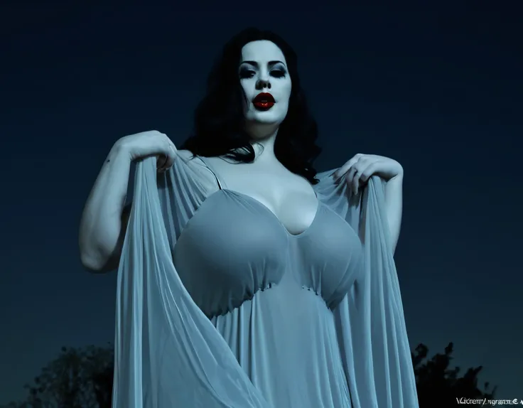 A sexy bbw victorian ghost, translucent body, long black hair in her face, dark red lips, (extremely large lips), graveyard background, spooky,  ((drooling)) dynamic angle , saggy