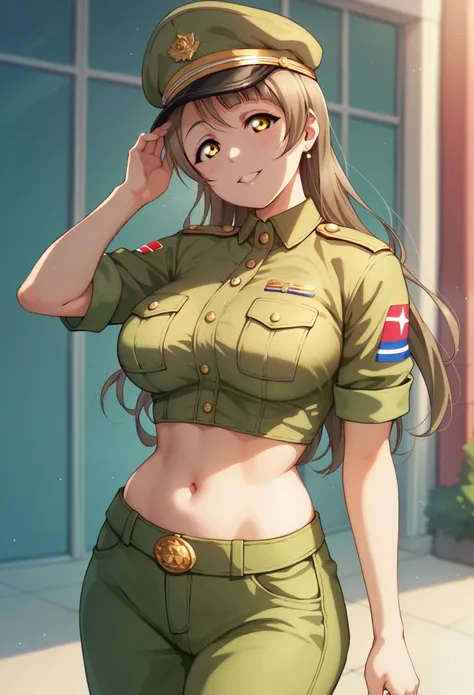 minami kotori love live,nsfw, yellow eyes,long hair,large breasts , standing,army clothes, army cap,milf ,salutation, midriff