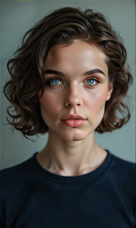 ultra realistic photo of a woman, (cute and bitchy expression at the same time), ultra textured ultra realistic and smooth skin, goosebumps, realistic ultra textured dark hair, half down, half raised up, perfect realistic green blue eyes, the face looks st...