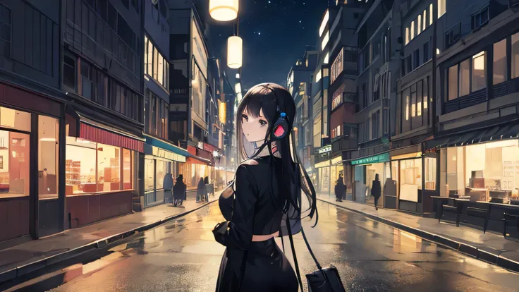 ((Highest quality)), ((masterpiece)), (detailed), One woman、I have headphones on、Long black hair、Futuristic city at night、Beautiful street lights、Looking up at the night sky、Rear view