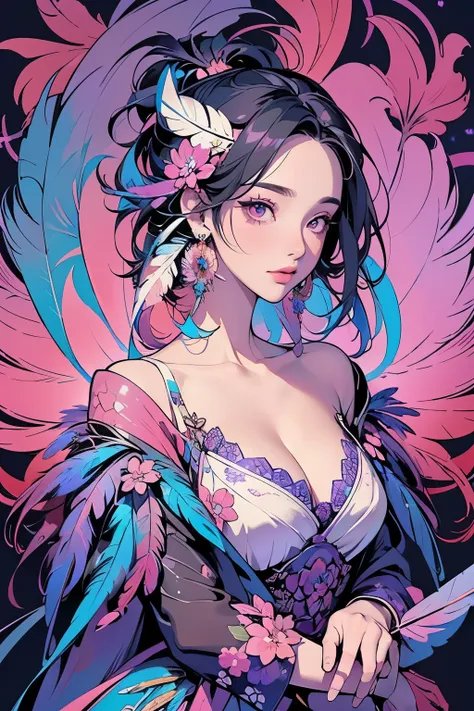 (Official Art, Beautiful and aesthetic:1.2), (One girl:1.3),(Fractal Art:1.1),(colorful:1.1)(Flowers:1.3),Highly detailed,(Tangled:1.2), whole body, (Abstract background:1.3), (Glowing Skin), (Many colors:1.4), ,(Earrings), (Feather:1.5),