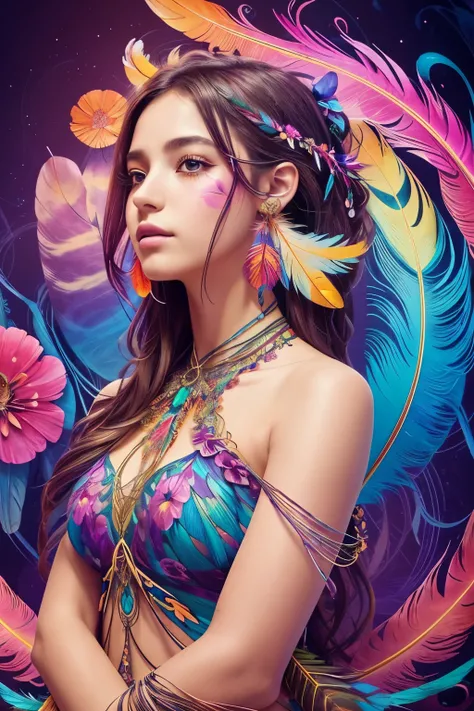 (Official Art, Beautiful and aesthetic:1.2), (One girl:1.3),(Fractal Art:1.1),(colorful:1.1)(Flowers:1.3),Highly detailed,(Tangled:1.2), whole body, (Abstract background:1.3), (Glowing Skin), (Many colors:1.4), ,(Earrings), (Feather:1.5),