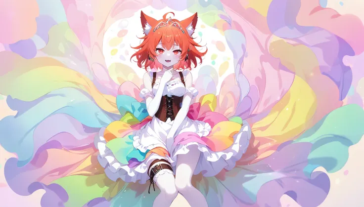 Fox girl,Cat girl,Skinny,breast reduction,lying among colorful flashes, among colorful, soft colours background, stroking own chin,reaching,arm at side,knees together feet apart,red hair,medium hair,ahoge,red eyes,White skin,evil seductive,smug, open mouth...