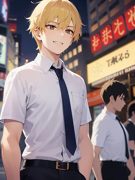 (night:1.5), (looking away:1.5), upper body、masterpiece、Highest quality、BREAK ld male:1.5) and (Blonde short hair) and (Orange eyes), jitome, (white collared shirt) and (Blue tie), Standing、(grin:1.2)、The background is a shopping street at night、(alone:1.5...