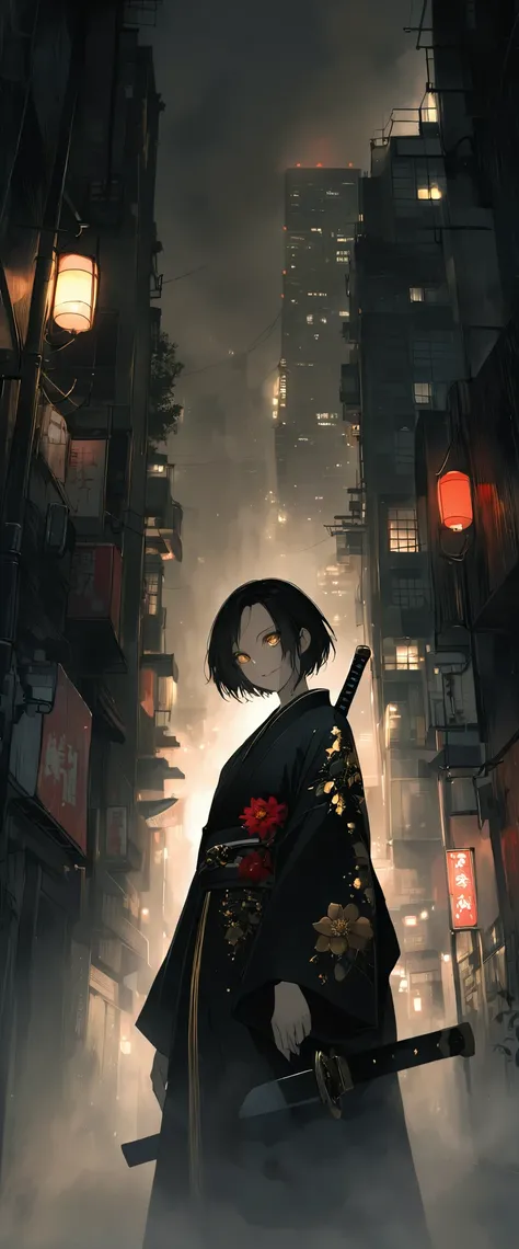 A black silk kimono embroidered with gold flowers。In the fogでの美しさ,In the fog。Standing in an alley。Black belt。smile。Black short hair。Long sword。forehead,Foggy Sky。 Looking towards the audience。Beautiful golden eyes。。Dead skin。alone。darkness。Spooky atmospher...