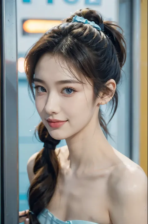 (((best quality))),(((ultra detailed))),(((masterpiece))),illustration,(1 beautiful girl,solo)),((slim,thin,delicate)),(short ponytail:1.5),(fair skin:1.3),(bright eyes:1.3),(smile:1.3), curious, anticipate,(strapless light blue bra:1.3),pure, elegant,(on ...