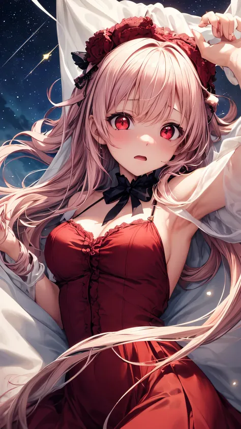 ((Highest quality)), ((masterpiece)), (detailed), One girl, (Large Breasts:0.8)Anime Style、Pink hair color、((Baby Face)),((Fantastic, sparkling red eyes:1.3))、((Embarrassed expression、Surprised expression))、Fantastic Background、"Design a scene with an anim...