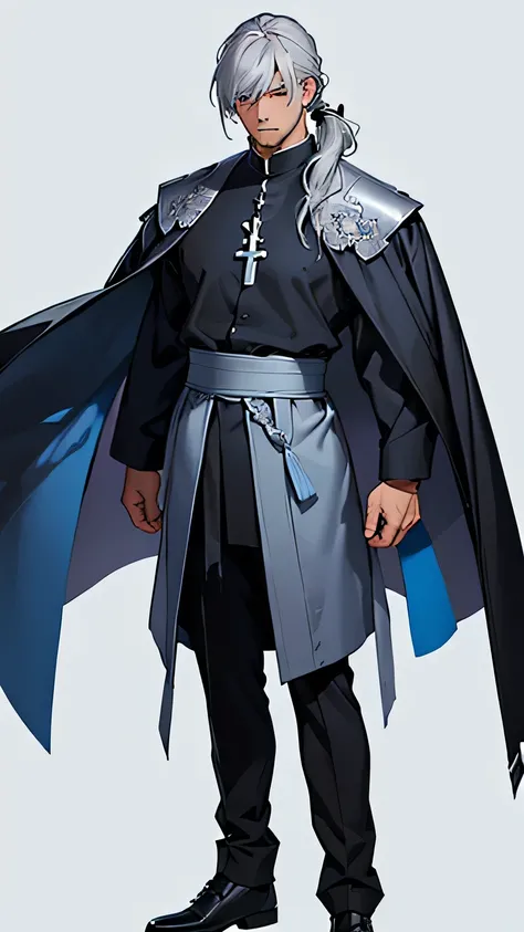 (masterpiece), (Highest quality), (Super detailed),(【An illustration), (One Man), priest, Standing, (Simple Background),  a low ponytail, Silver Hair, bangs, Middle Hair, Right eye covering hair, Chin stubble, Long blue coat, Black inner shirt, full body,