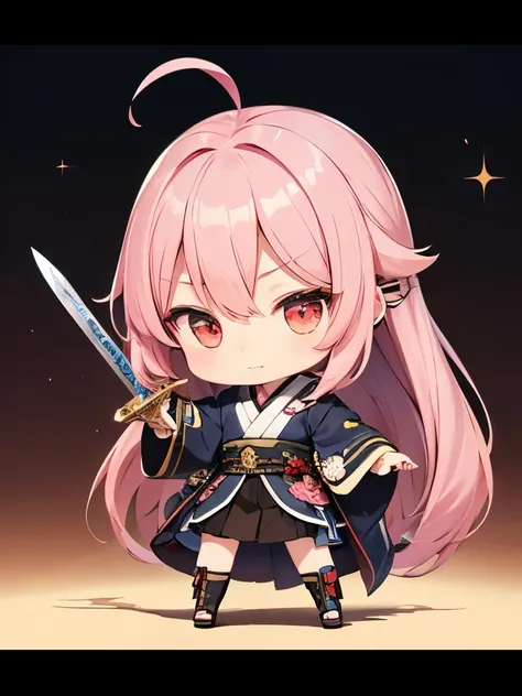 (((Background of the wars in the Edo period)))、(((Metal Band)))、Long-haired pink-haired chibi character holding a sword、A depiction of a lightning bolt hitting a sword、(((ピンク系のMetal Band衣装)))、(((A cool long-haired pink-haired chibi character posing with a ...