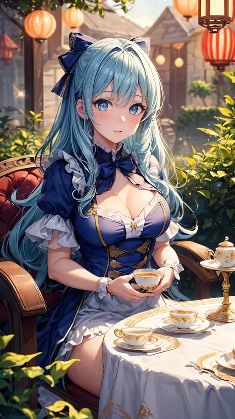 ((Highest quality)), ((masterpiece)), (detailed), One girl, (Large Breasts)Anime Style、Light blue hair color、((Fantastic sparkling blue eyes:1.3))、((Droopy eyes、Calm look))、Fantastic Background、"Create a fantasy scene with an anime-style character sitting ...