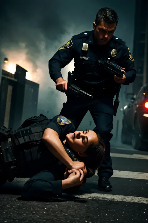 a police officer holding a female police officer, almost kissing with guns in hand, action scene, cinematic lighting, impactful composition, dramatic tension, gritty realism, intense expression, tactical gear, urban environment, (best quality,4k,8k,highres...