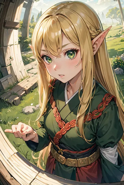 One Girl, Long Hair, rage, blonde, Green Eyes, samurai, Highest quality, High Resolution Model, Elf, clear, grassland, Fisheye Shot, good job