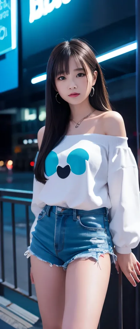 Cool Cyber Idol Girl、whole body、Good style、、、、、、、、、、Thick legs、、Polar bear print shirt（Off the shoulder）、Fluorescent blue tight shorts、Cool girl face、、、、Glowing ghost、Frozen city at night、Ice Belt、