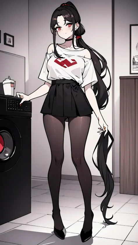 using pantimedies, Waist length wavy black hair, piercing look with deep red eyes, average stature, long black hair down to the waist, Silky hair with a ponytail hairstyle collected with a red bow with two white lines, has a vagina, has breasts, cup of bre...